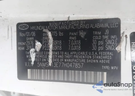 2007 Hyundai Santa Fe Limited/Se из США, поврежденный, VIN 5NMSH13E77H047857